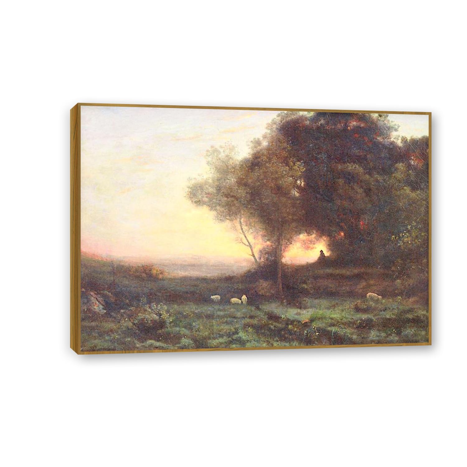 Hau3sh3a Jean Baptiste Camille Corot Wall Art Shepherd under the Trees Vintage Nature Scenery Painting Reproduction Wall Decor for Living Room Bedroom Office Home Decor55x40cm(22x16in) Teak Frame