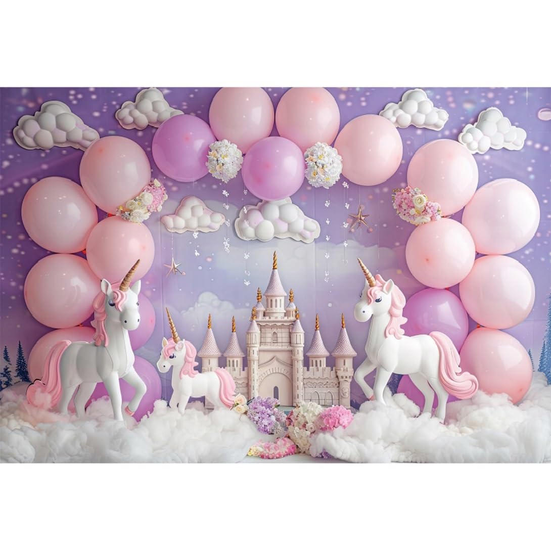 4,5x3m Sfondo Unicorno Castello delle Meraviglie Fiori Arco di palloncini viola e rosa Sfondo fotografico interno Nuvola Bianca Romantico Decorazioni per feste di compleanno per bambine