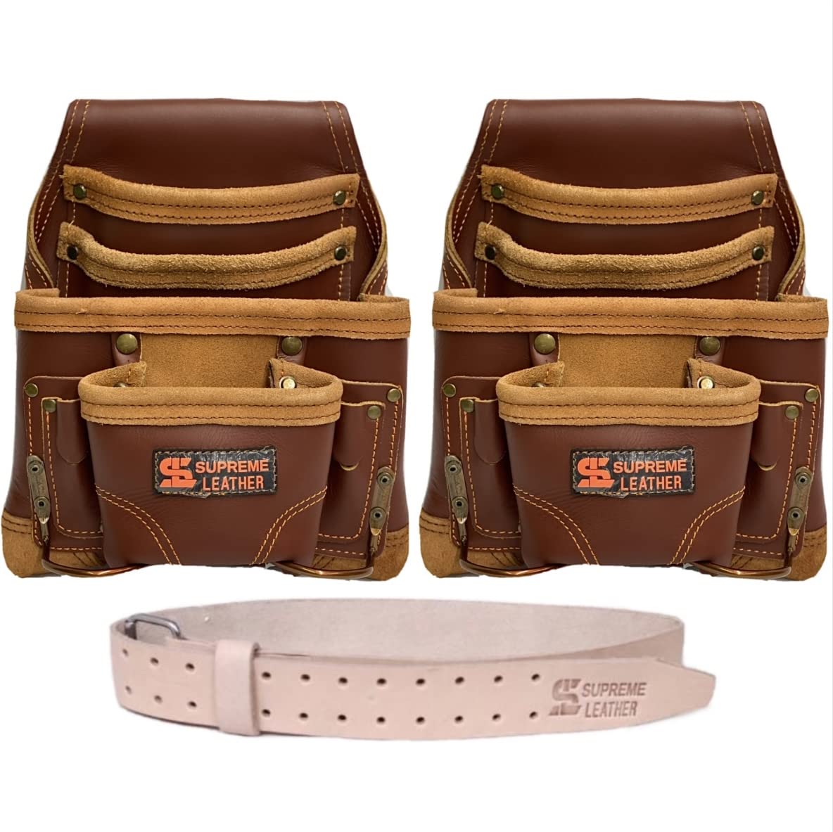 Supreme Leather Set of 10 Pocket Nail & Tool Pouch Top Grain Leather w/ 2” Leather Tool Belt for Constructors, Electricians, Plumbers, Handyman