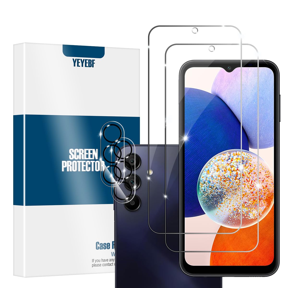 YEYEBF Galaxy A14 HD Clear Tempered Glass Screen Protector + Camera Lens Protectors, [2+2 Pack] [3D Glass] [Anti-Glare] [Bubble-Free] Screen Protector