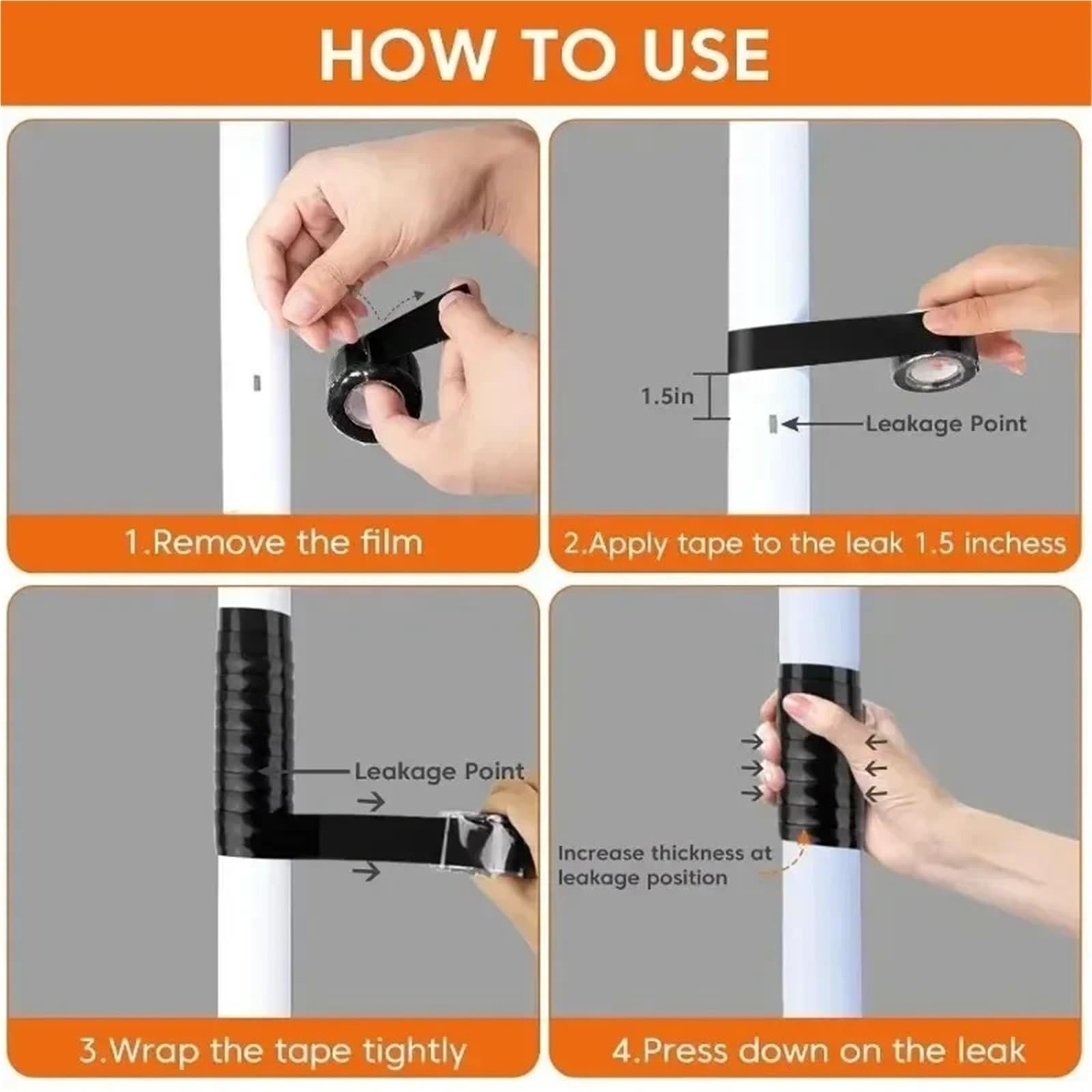 Nastro isolante autofondente in gomma siliconica | Bianco e nero, 12 rotoli da 1 pollice x 10 piedi x 0,5 mm: riparazione di tubi flessibili e radiatori di emergenza(Black)