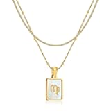 LETFLY Zodiac Natural Shell Layered Gold Necklace for Women, 18K Gold Plated Square Shaped Pendant with Adjustable Layered Snake Chain for Womens Jewelry Gifts