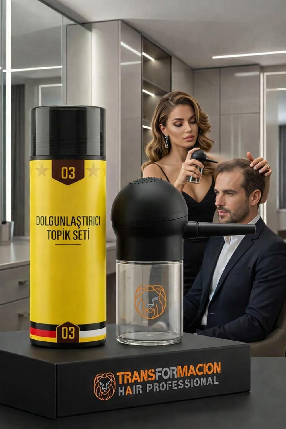 Transformacion Aplikatörlü Saç Dolgunlaştırıcı Set KOYU TON KAHVERENGİ| 50gr Topik Fiber Tozu & Profesyonel Pompa 721501