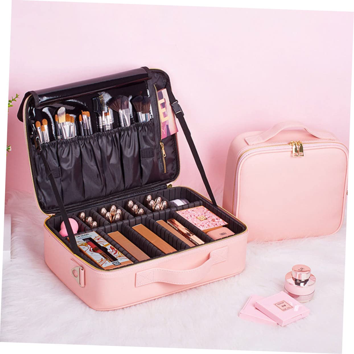 Beauty Case da Viaggio Rosa in Pu con Divisori Regolabili | Organizer per Cosmetici, Chiusura a Zip, Capienza Ampia, per Lavoro e Trasferte, Stile Semplice