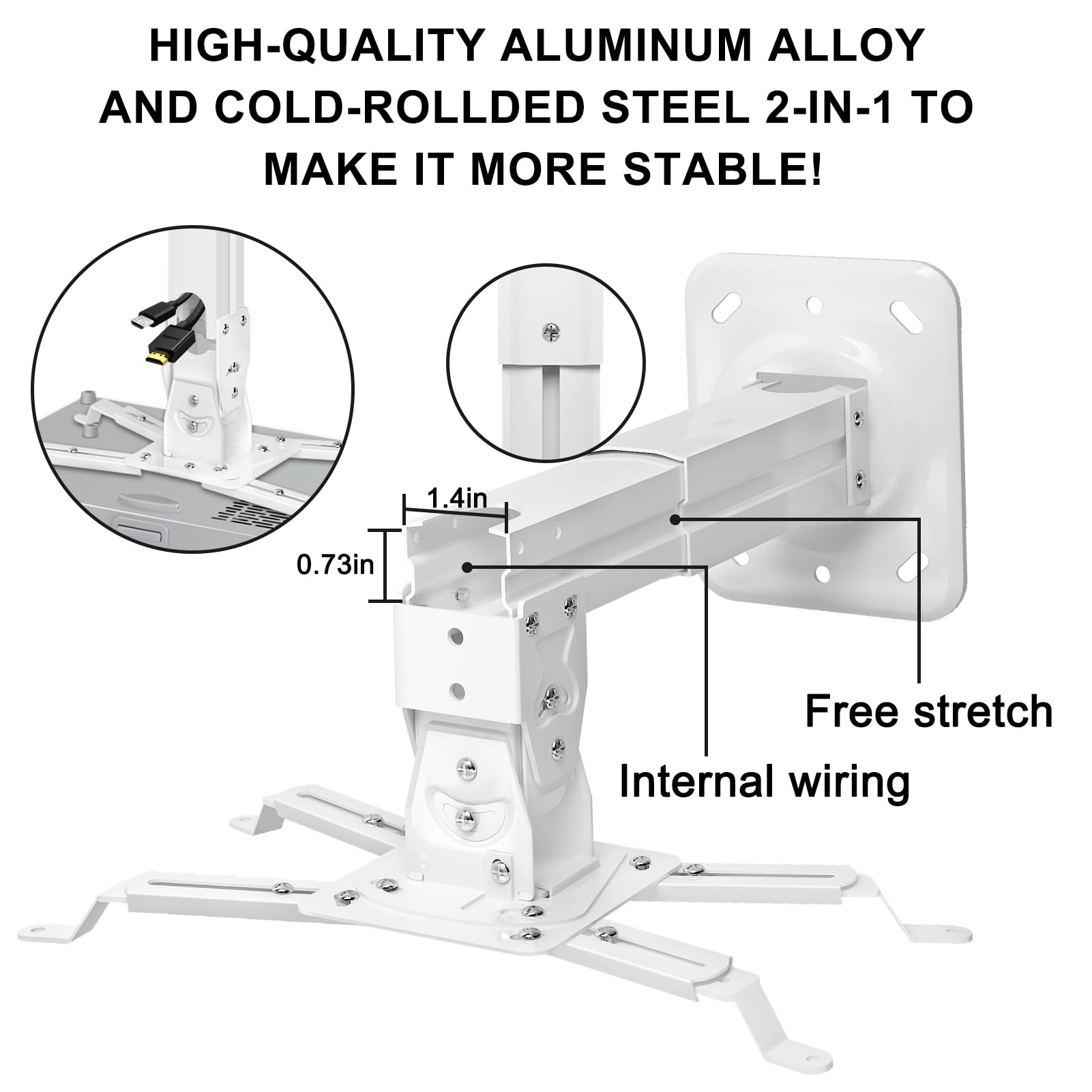 Soporte para proyector de alta resistencia, carga máxima, 45 libras, 46.3 lbs, extensible, 11.4-15.3 pulgadas, montaje en techo, montaje en techo, montaje universal para proyectores, ángulo 3