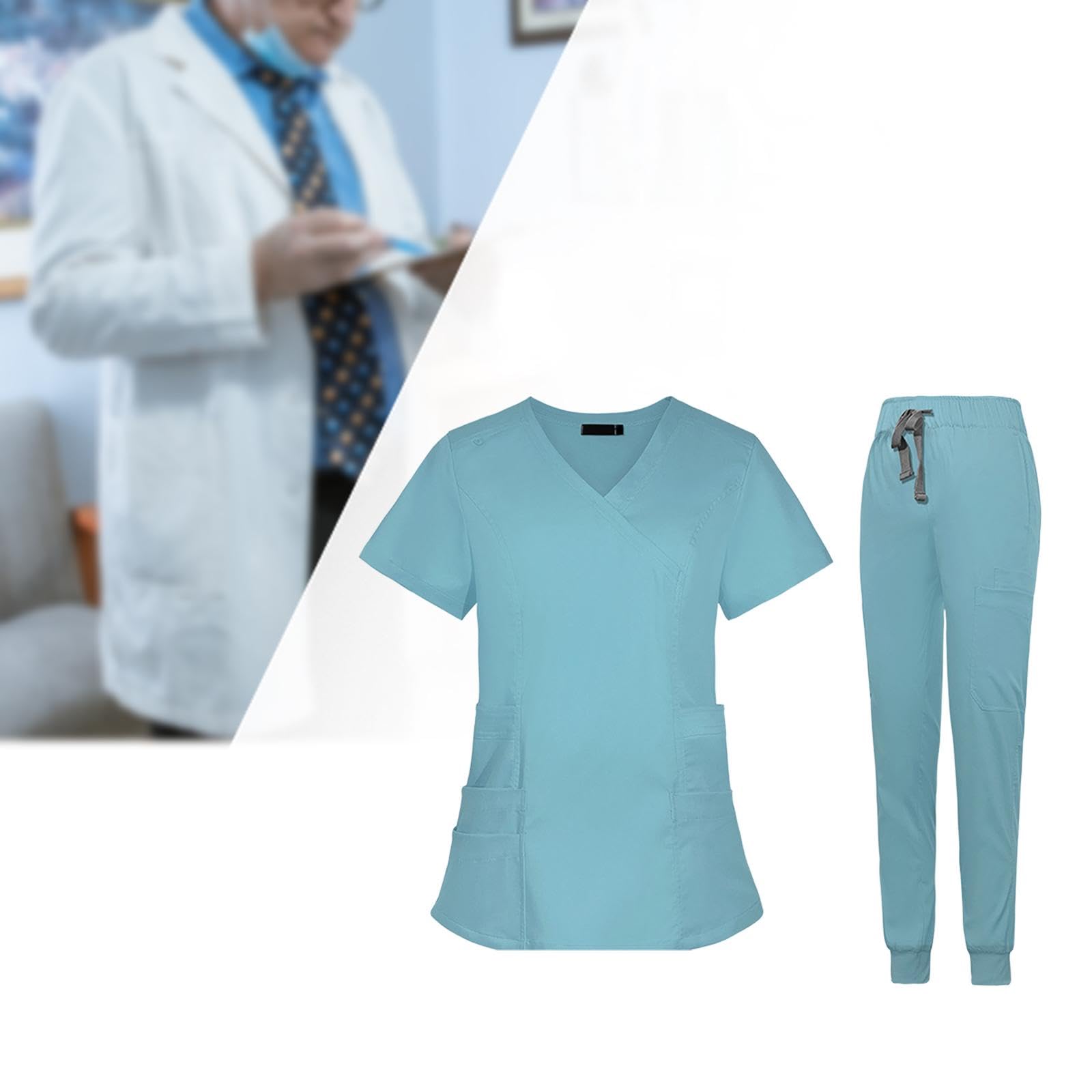 Colcolo Pflegeuniform Damen Kasack Jogginghose Set Arbeitskleidung V Ausschnitt Kurzarm Oberteil Mehrfachtaschen Elastischer Bund Atmungsaktiv Fü, Hellblau, m