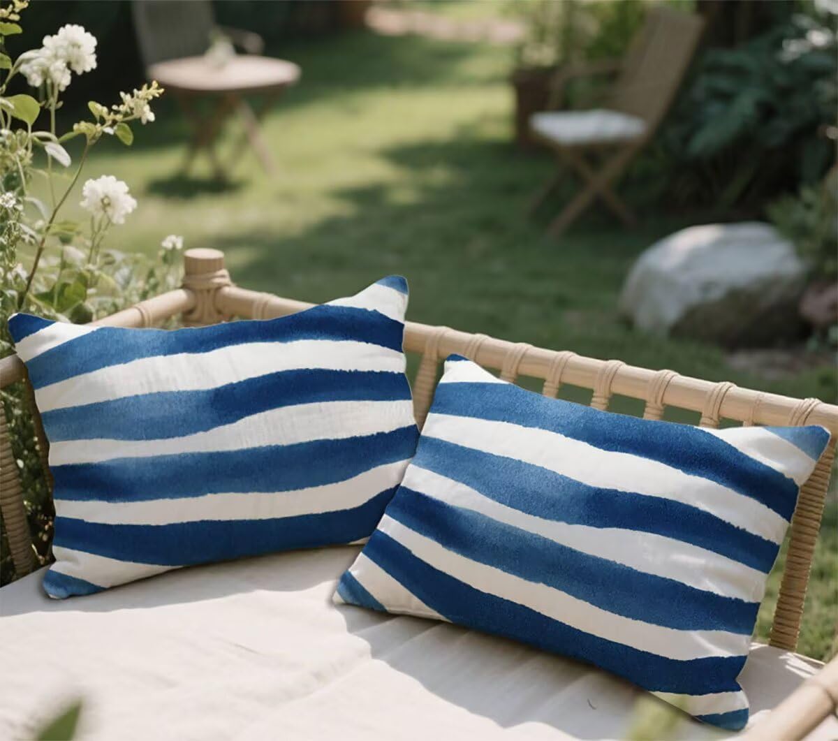 Cojines Exterior 40x60 cm Azul Cojines Exterior Jardin Juego de 2 Funda Cojin A Rayas Rectangulares Impermeable Felpa Corta Suave Cojín Lumbar para Primavera Verano Terraza Decorativos, Regalo S-1036