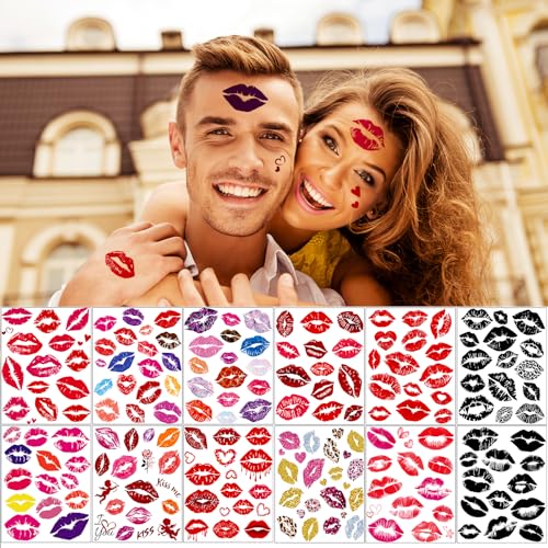 Image of 180 Pcs Large Size Valentine's Day Party Favors Kiss Lip Temporary Tattoos Stickers for Adult Women, 12 Sheets Bright Red Kiss Lip Print Fake Tattoos for Valentine's Day Costume Accessories