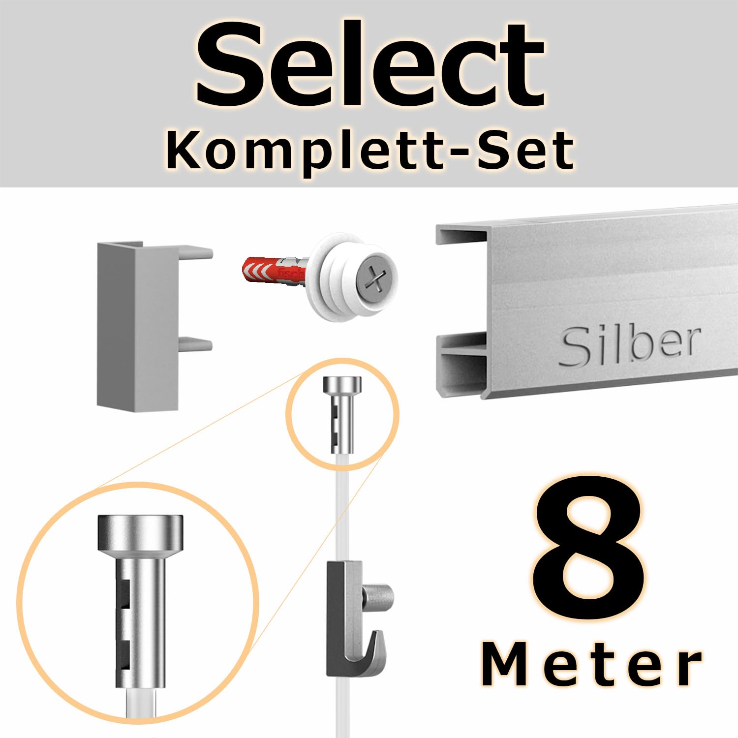 8 Meter Bilderschienen - Select - Komplett Set in Silber von Hang-it