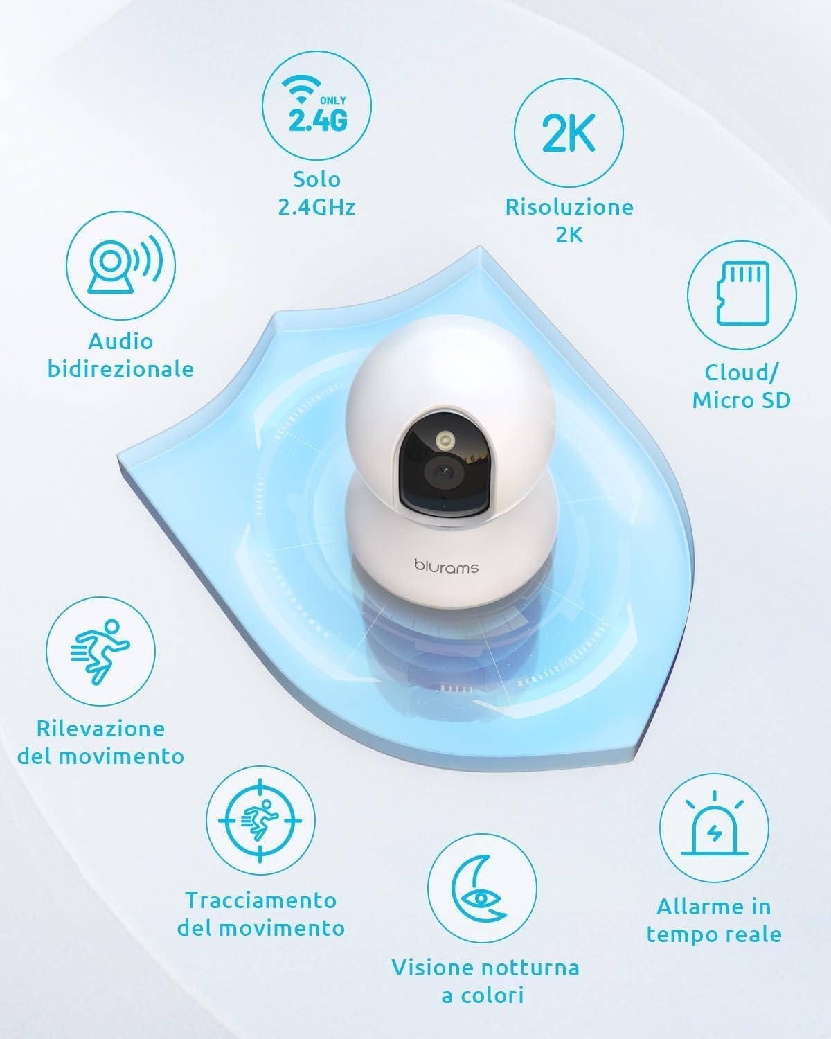 blurams Telecamera Wi-Fi Interno,2K Videocamera Sorveglianza,Rotazione a 360°,Visione Notturna, Rilevamento di movimento/suono AI, Archiviazione Cloud O Locale, 5G/2.4G (Bianco–2K)