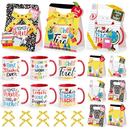 LemonRoad 12 Sets Teacher Appreciation Gifts Bulk 12 oz Teacher Appreciation Coffee Mugs with Mug Holders Thank You Coffee Cup with Gift Boxes Ribbon for School Graduation Staff Coworkers Team Gifts