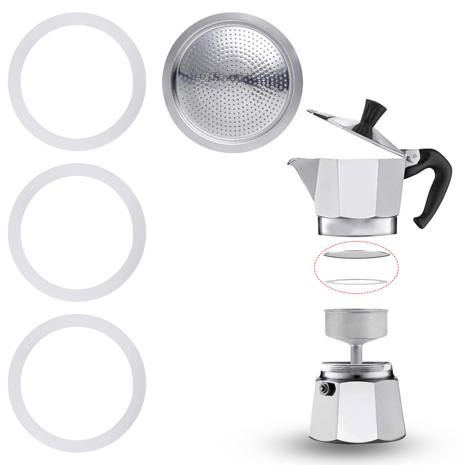 Gasket for 3 Cup Espresso Maker, with Aluminum Sieve Insert, Gasket Seals Parts Moka Pot, Replacement Food Grade Seal Silicone, Includes 3 Gaskets and 1 Filter for Stovetop Coffee Maker(3 Cups)