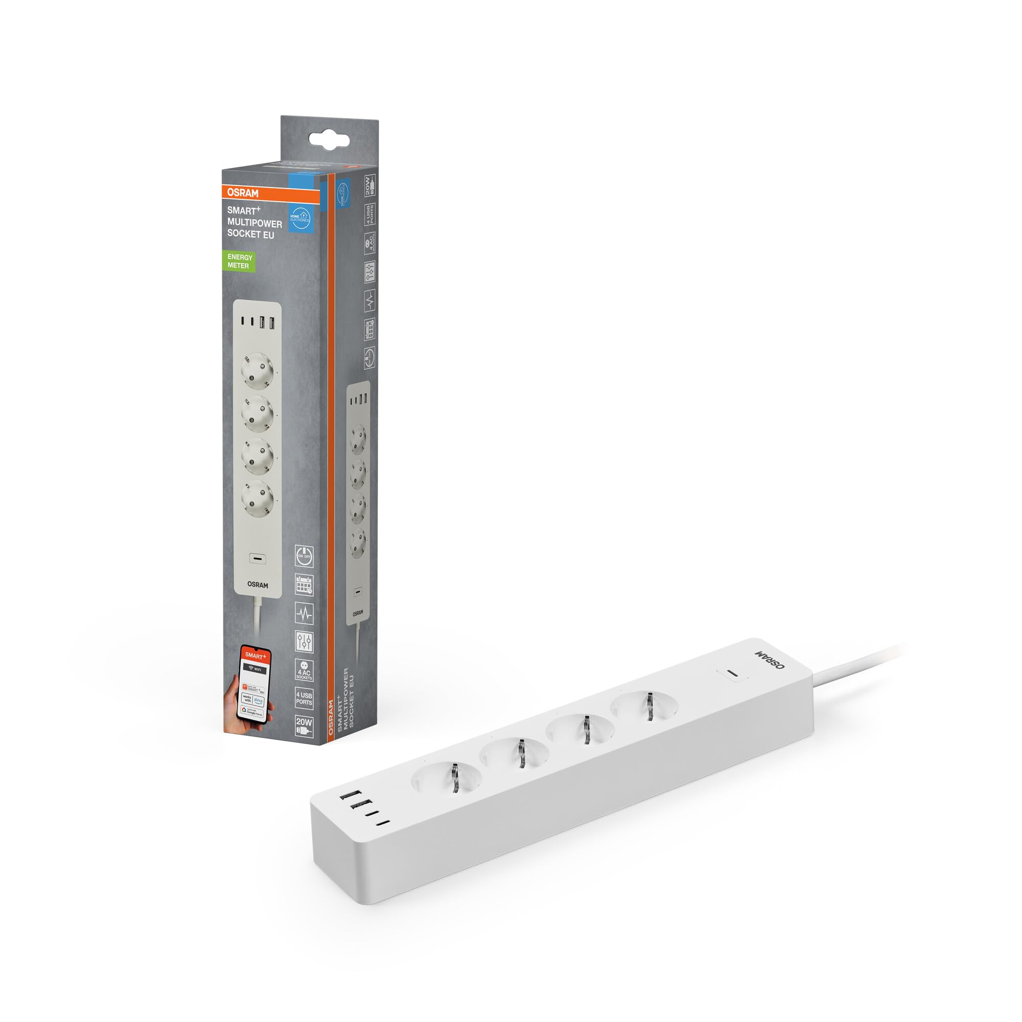 OSRAM SMART+Wifi Smarte WiFi 4-fach EU-EU-Steckdosenleiste mit smarten USB Anschlüssen, IP20-Schutz, für Integration von Geräten ins Smart Home