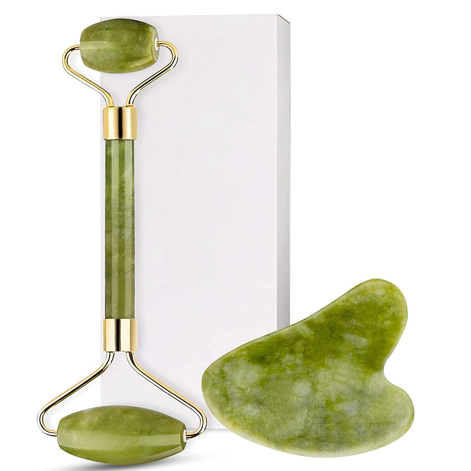 Natural Jade Stone Facial Roller Massage with Gua Sha Tool for Face Eye Neck Foot For Men and Women, Marble Jaderoller Massager Double Rollers Antiaging Stimulating Blood Flow roller massager stone