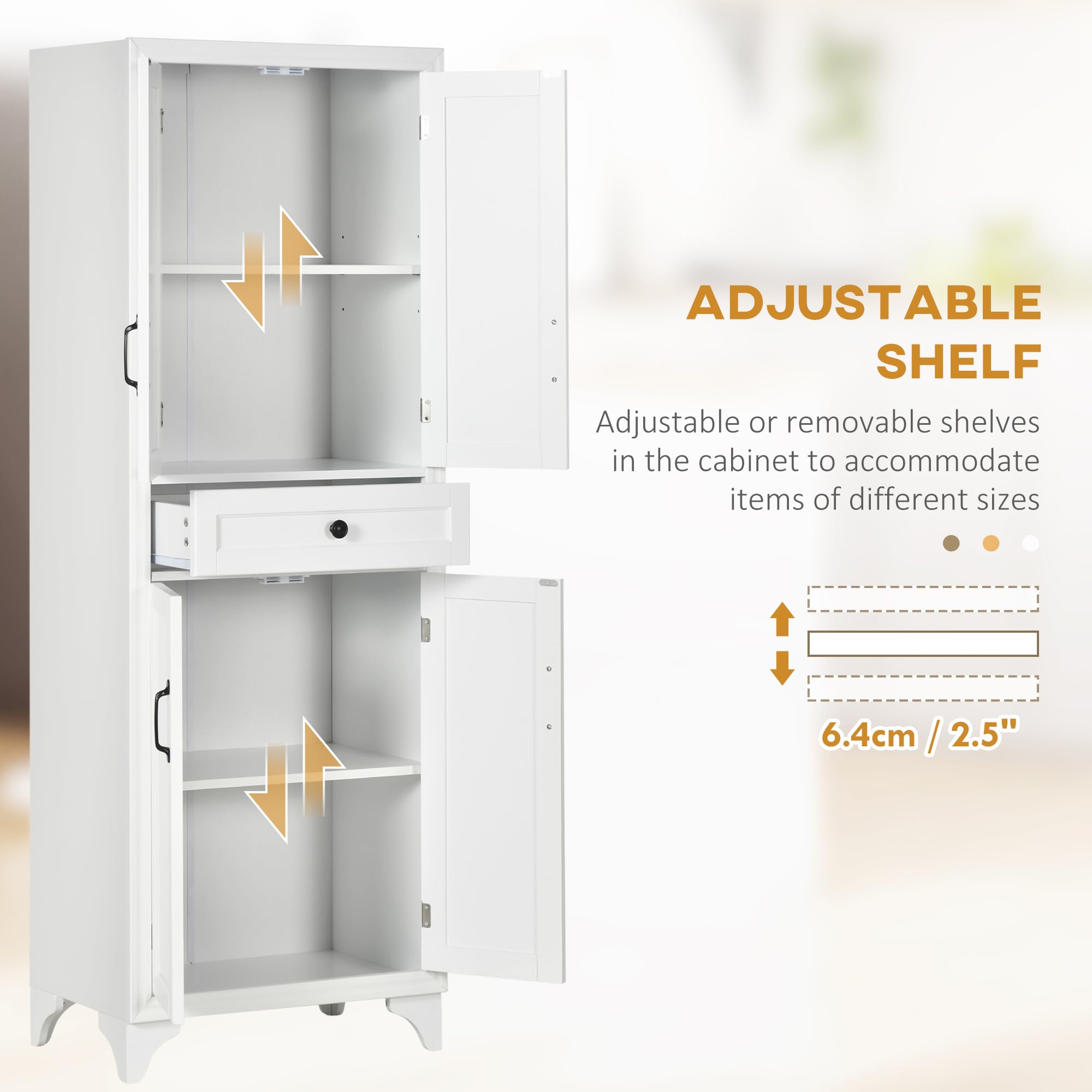 Armario independiente de despensa de cocina de 67 pulgadas de alto, armario de almacenamiento de 4 puertas con cajón y estantes ajustables para comedor, color blanco 4
