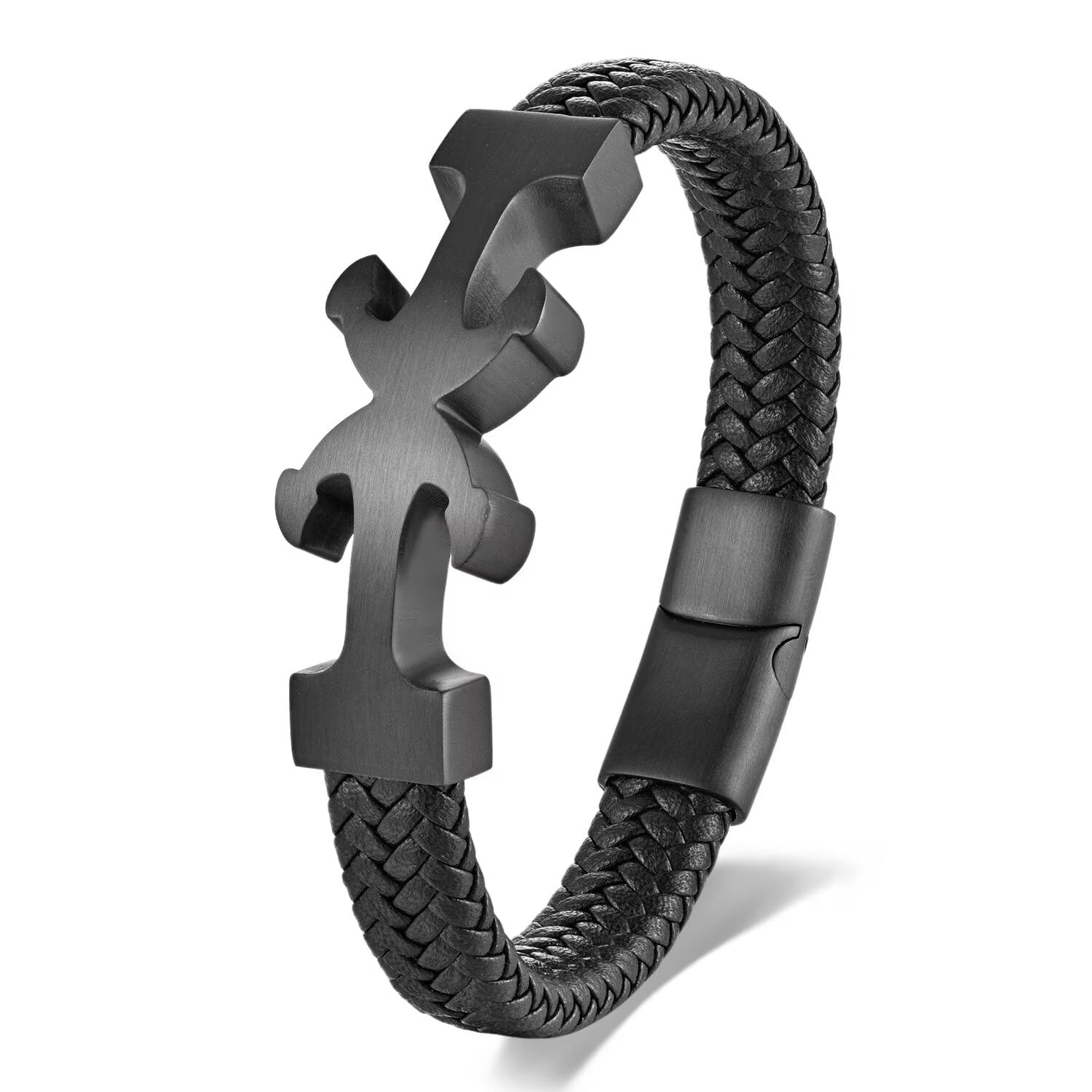 BIYONGDE Stainless Steel Double Nautical Marine Anchor/Link Chain Charm/Friendship Knot Black Leather Bangle Bracelet for men, Mininalist Style