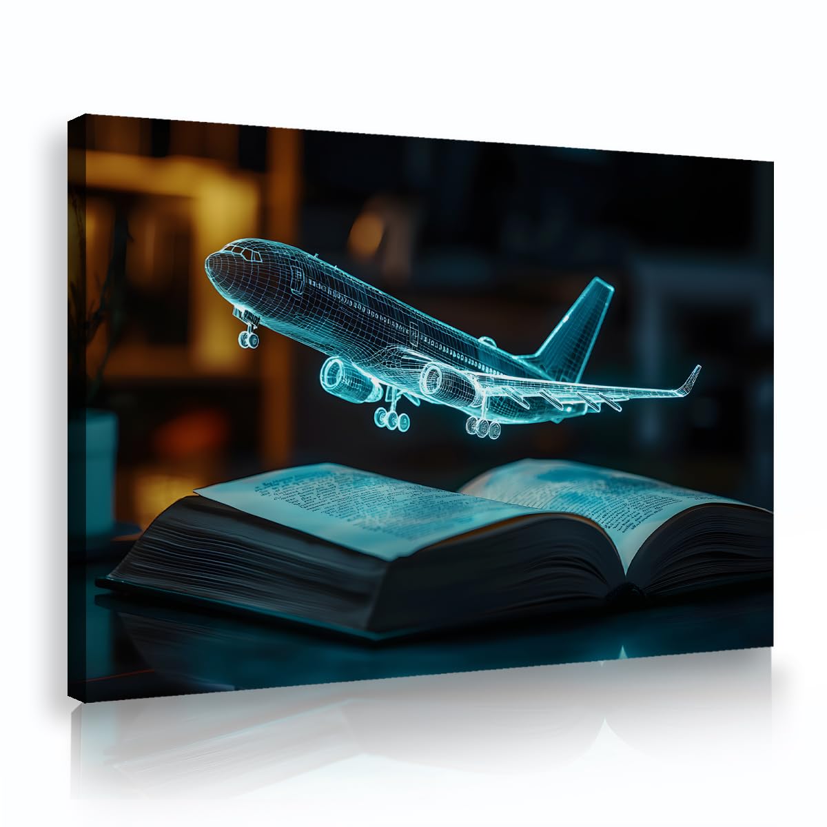 OSHIONARTE Pianello a tema fantasy per ragazzi tela a parete fantascienza aereo olografico sopra un libro poster incorniciato per la sala studio della biblioteca aula 45x68cm innerframe