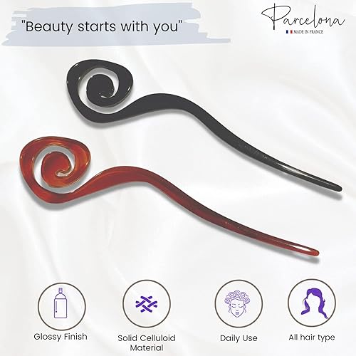 Miniatura 2 de Parcelona French Swirl Acetato de celulosa grande de concha de tortuga y moño negro Chignon Googie Style Horquillas para el cabello para moño