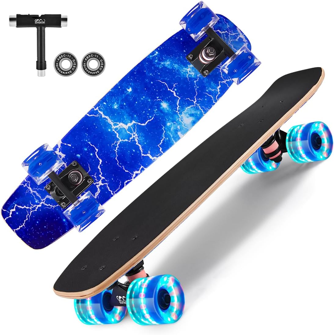 Skateboards with Colorful Flashing Wheels for Beginners,Kids,Teens,Adults, Complete Standard Skate Boards 9 Layer Canadian Maple Deck Concave Skateboard
