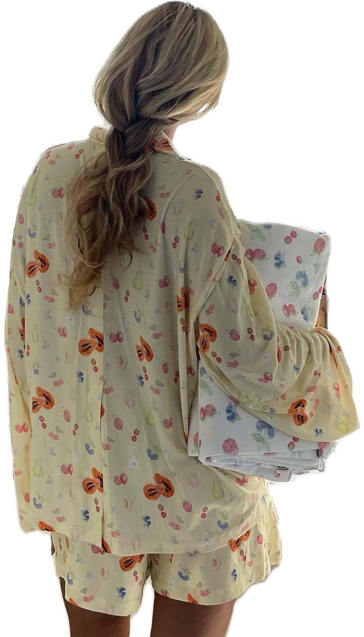 YiulangdeWomen Y2K 2 Piece Strawberry Fruit Pajamas Set Long Sleeve Shirt Relaxed Fit Shorts Two Piece Pj Outfit Lounge Sets