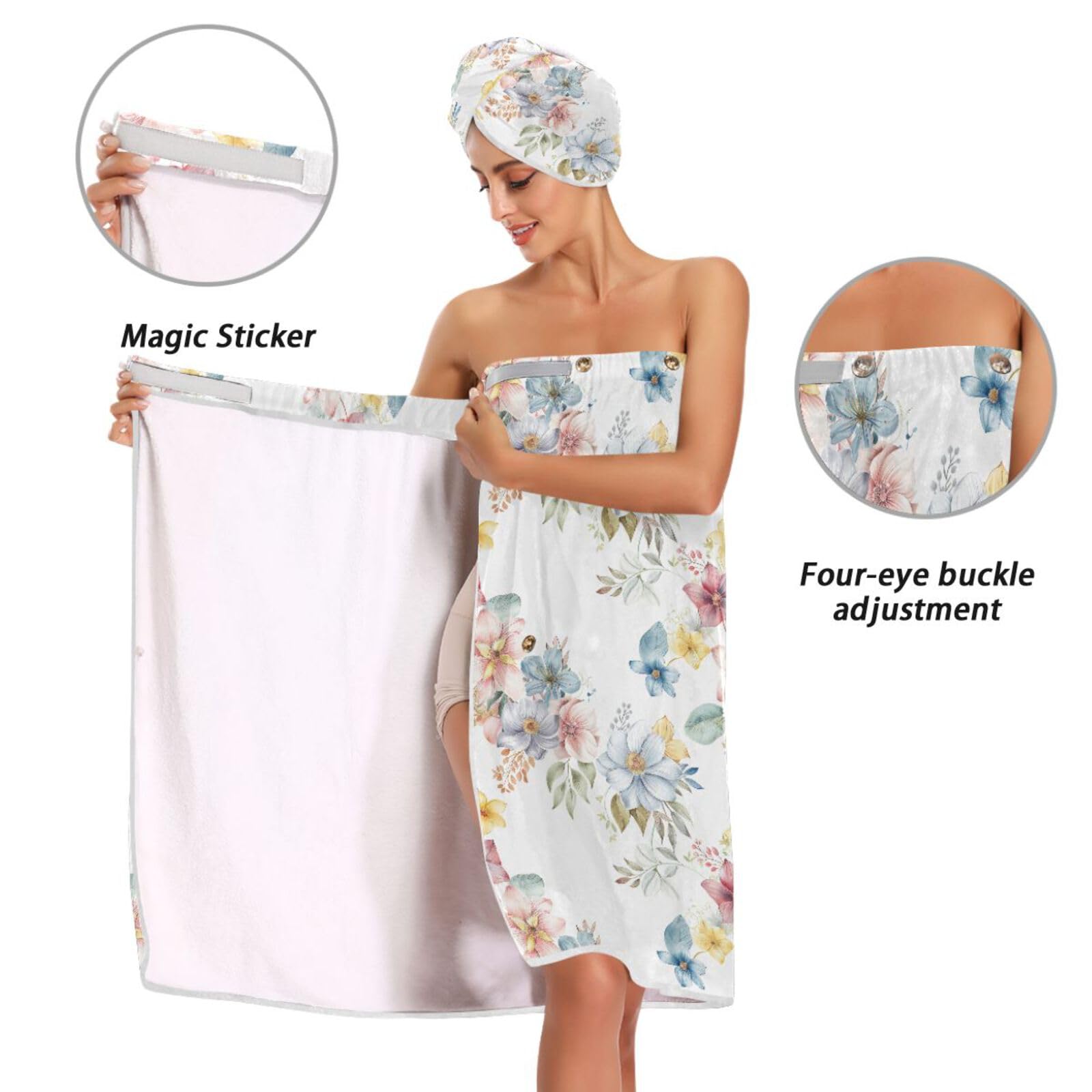 Elegancki kwiatowy wzór damski ręcznik owijany 3 zestawy regulowane zamykanie szybkoschnący ręcznik szlafroki dla kobiet spa, szlafrok + suszenie włosów + opaska na głowę