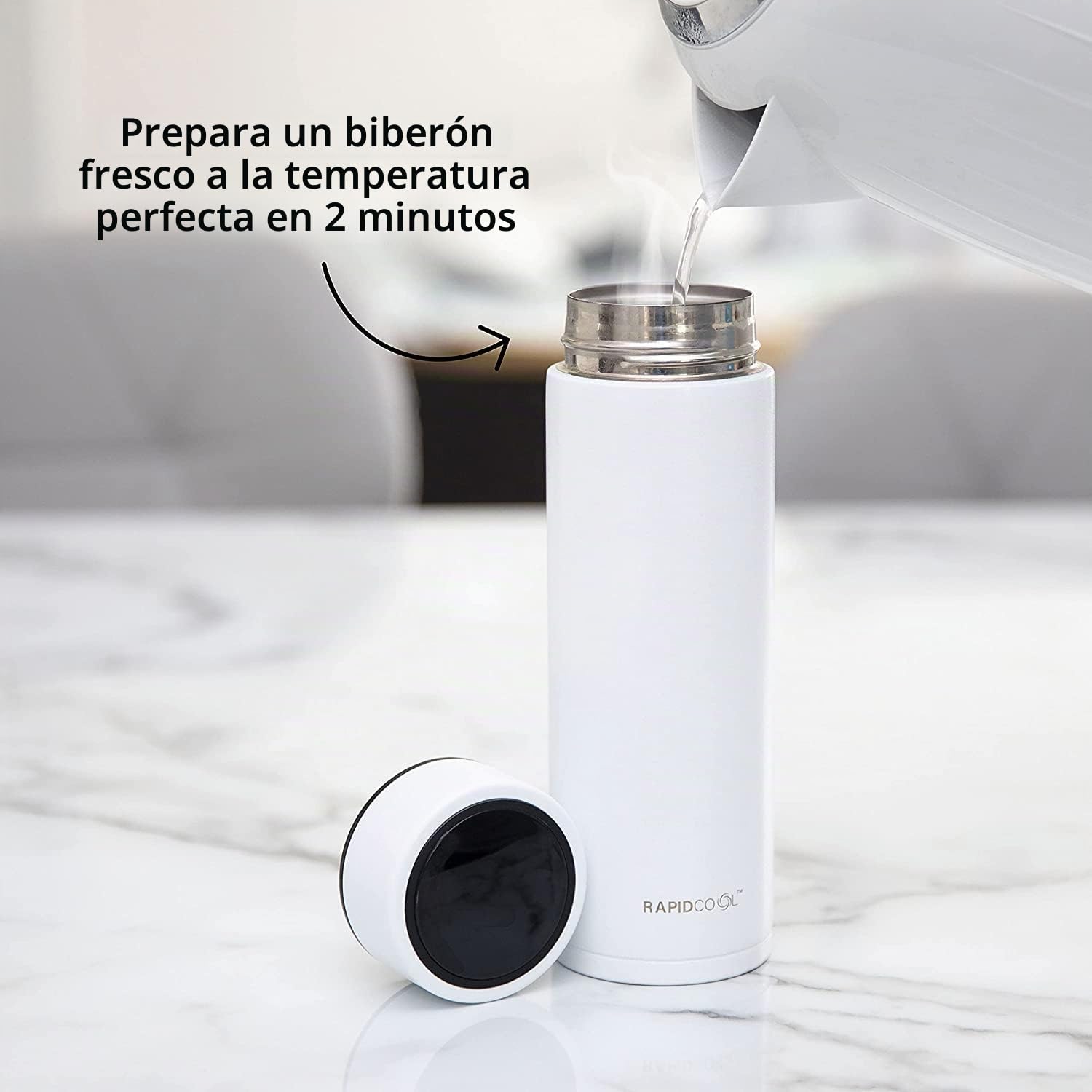 Nuby - RapidCool™ - Te ayuda a preparar la comida perfecta para el bebé en sólo 2 minutos - Perfecto para llevar - Incluye dispensador de leche en polvo y tapa digital - Blanco