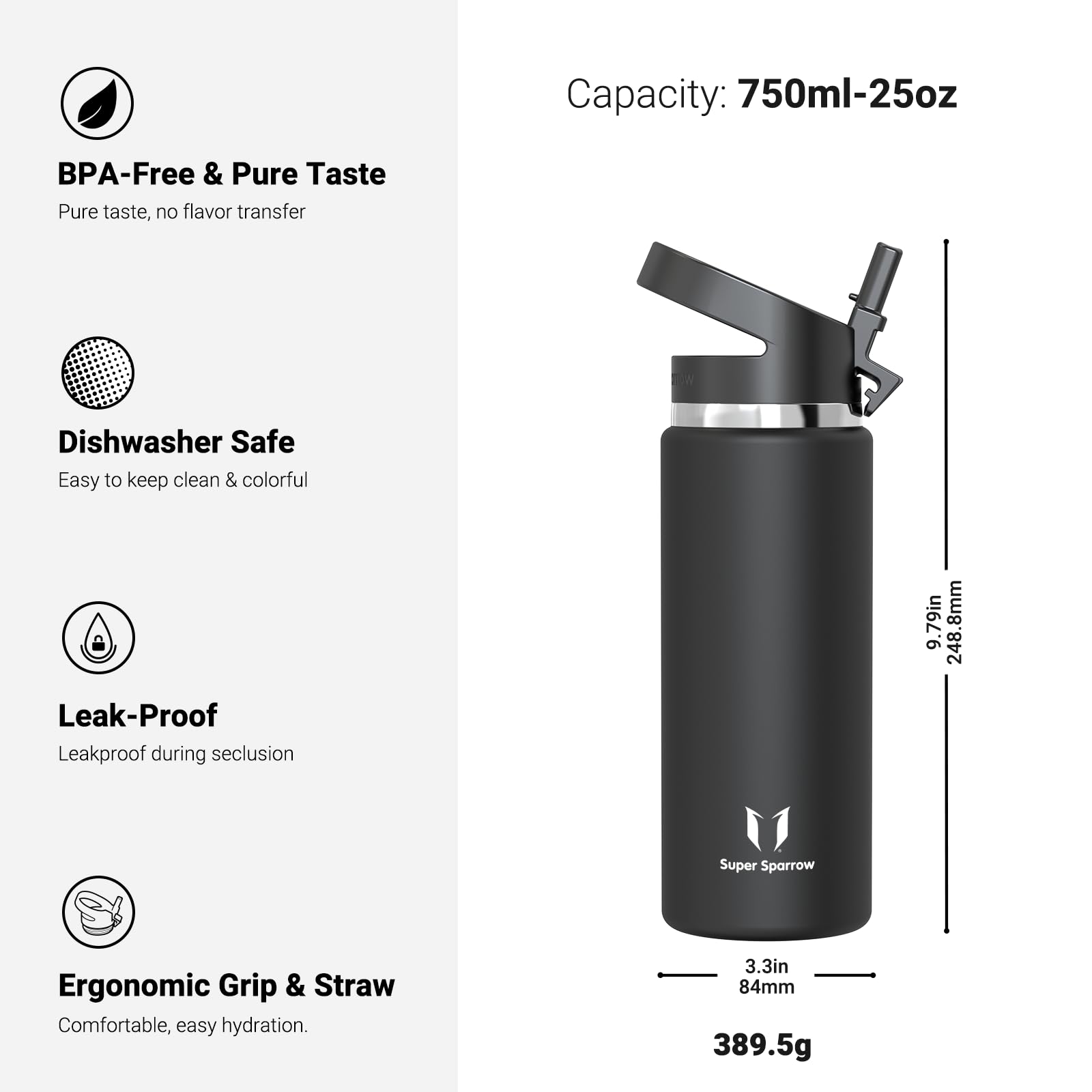 Super Sparrow Borraccia Termica - 500ml, 750ml, 1000ml, 1.2L, 1.5L- SwivelSip Inox Bottiglia - Senza BPA Borracce Termiche, Borraccia Ergonomica per Bambini, Sportiva, Bici, Campeggio, Palestra