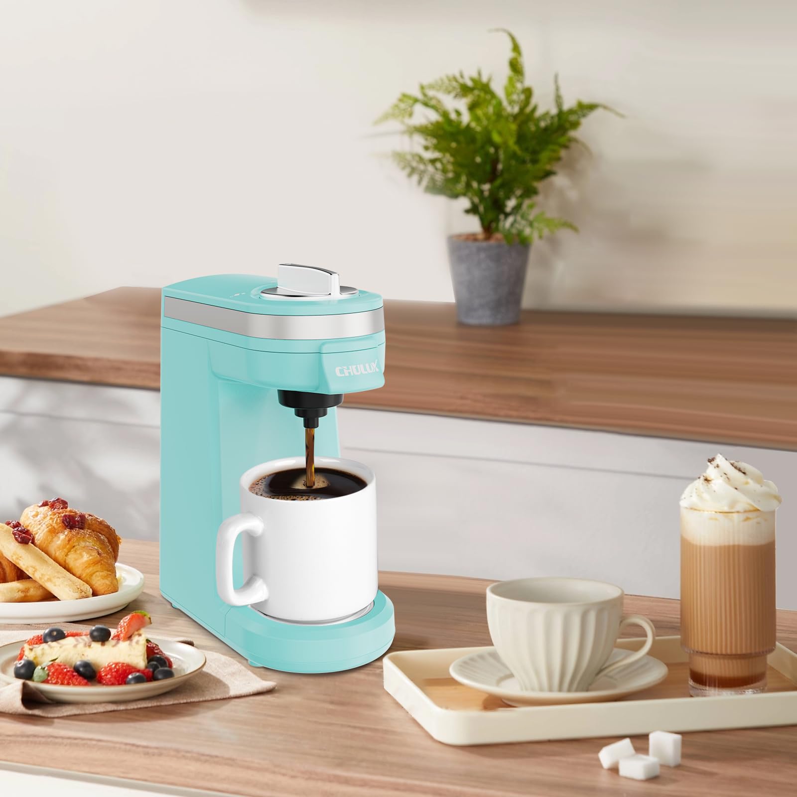 CHULUX Mini cafetera de viaje 2 en 1 para cápsula K, cafetera de porción única para taza americana, cafetera ligera en cápsulas, color aguamarina