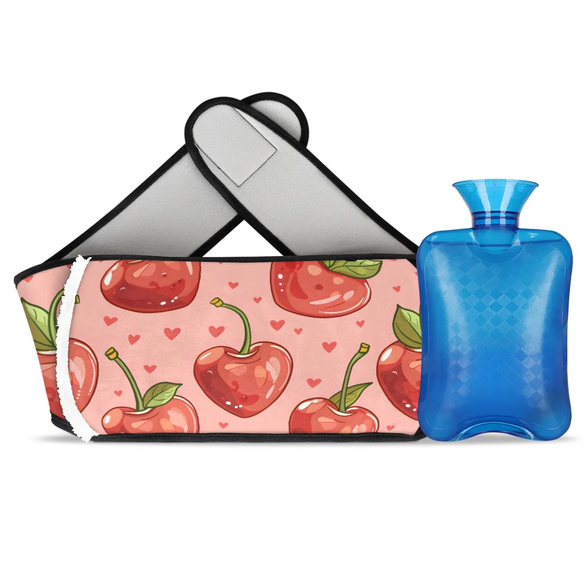 Hot Water Bag with Waist Cover Heart Cherries Warm Hot Water Bottle Belt Plush Double Hand Insert Wearable Water Bag Detachable Hot Bottle Pouch for Neck Shoulder Pain Relief