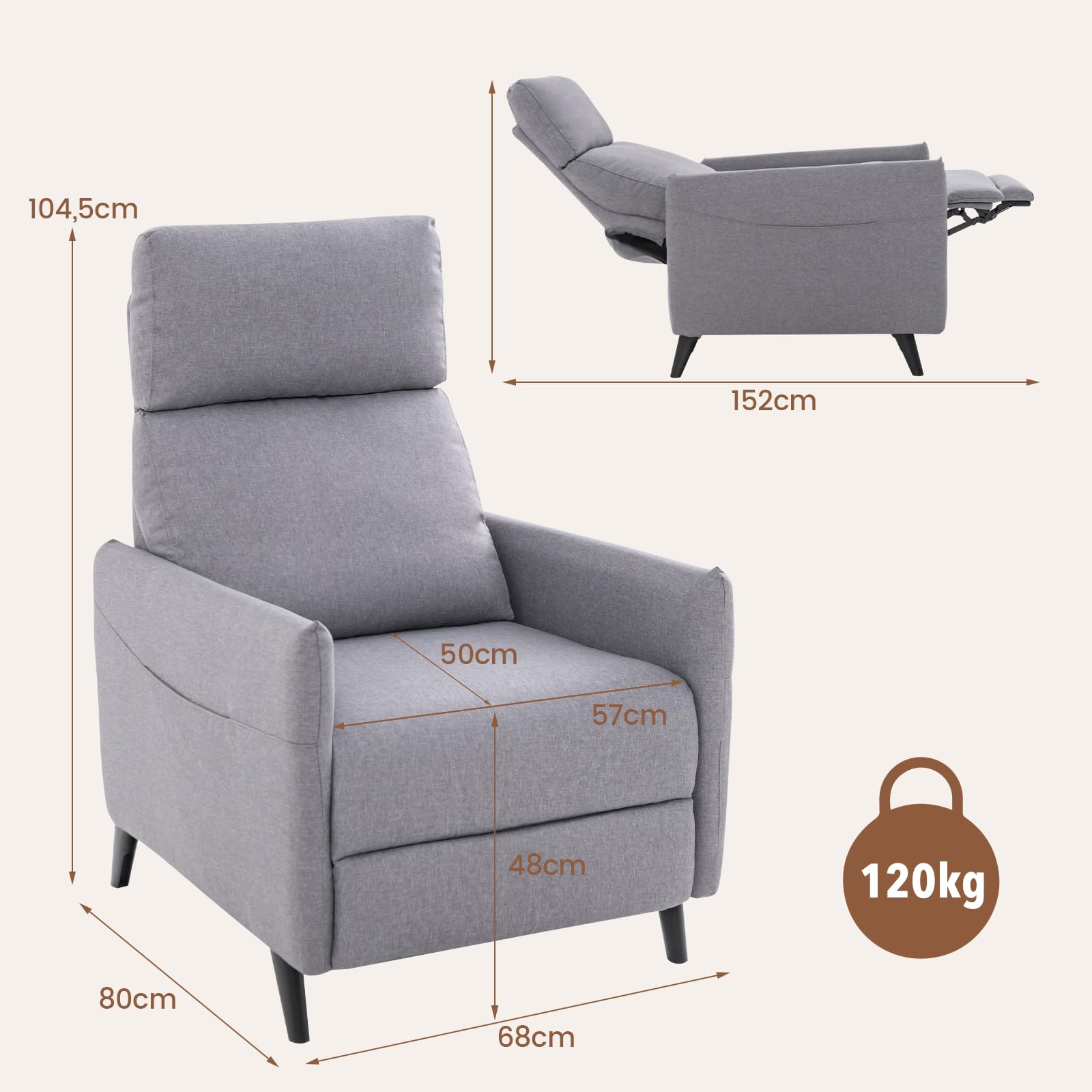 GYMAX Poltrona Reclinabile, Divano Relax con Schienale e Poggiapiedi Regolabili, 2 Tasche Laterali, Supporto Telaio in Ferro, Portata 120 kg, per Soggiorno, Home Cinema e Ufficio, Grigio