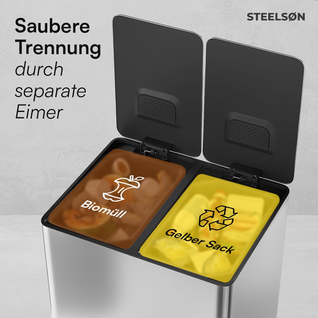 STEELSØN Gloas Mülleimer 2 Fächer – Mülltrennsystem Küche 2x15 L aus Edelstahl Silber – Tretmülleimer mit Soft-Close-Funktion & Geruchsfilter – Abfalleimer mit Inneneimer für Recycling & Restmüll