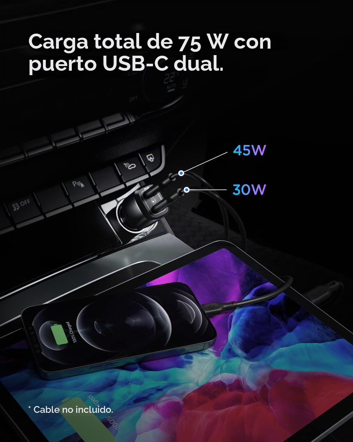 Spigen Cargador de Coche USB C de 75 W, Doble USB, Carga súper rápida, PD PPS 45 W 30 W, Adaptador de Coche para Galaxy S25 Ultra S25 Plus S25 S24 S23 S22 S21 iPhone 16 15 Pro MAX Plus Mini Pixel 8a