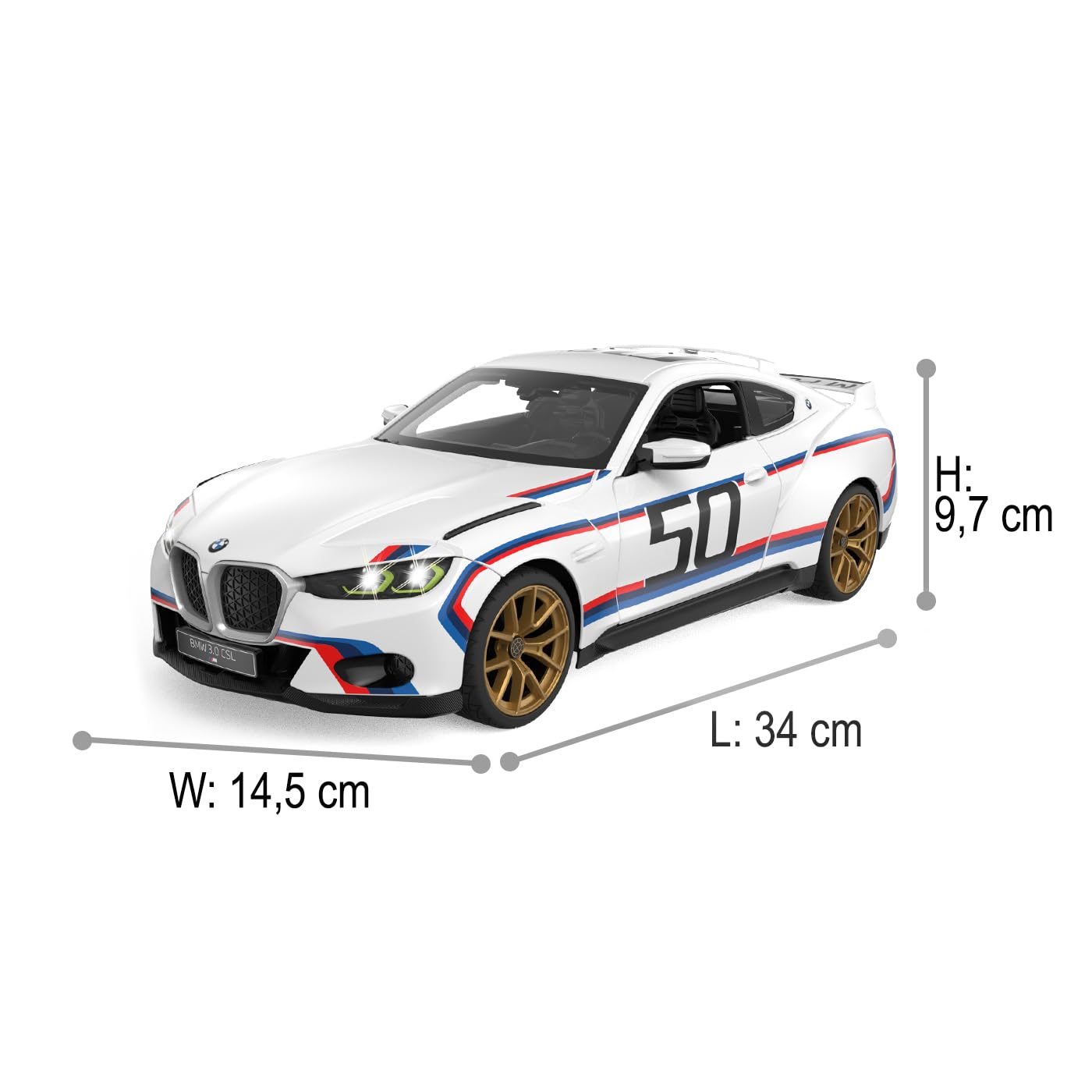 JAMARA BMW 3.0 CSL 1:14 Drzwi ręczne białe 2,4 GHz - oficjalna licencja, szczegółowe wnętrze, oryginalna farba, przezroczysta szyba, światło LED, samochód RC