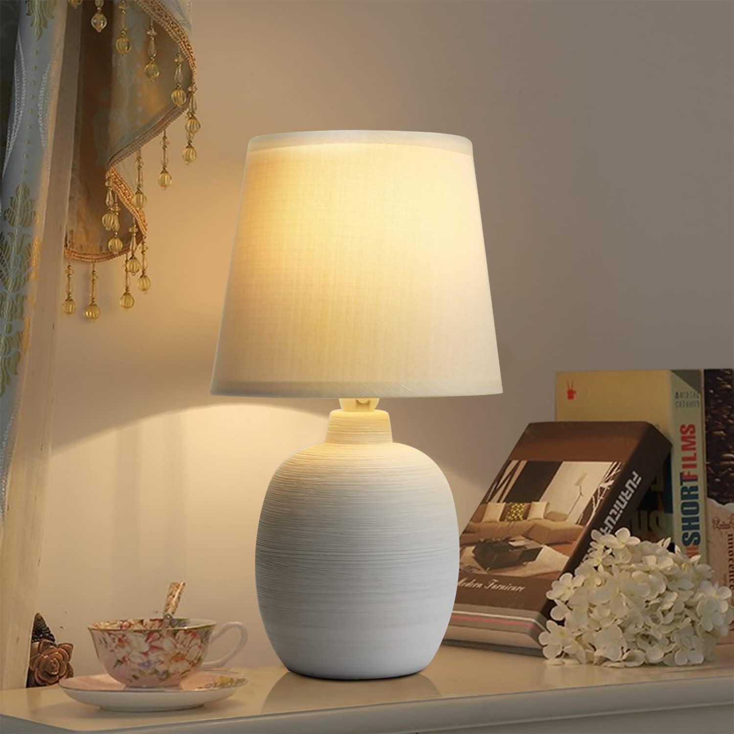 Lampe De Chevet Ou Table BRUBAKER - Céramique Beige/Brun 28,5 Cm - Style Rustique Ethnique - Abat-jour Inclus