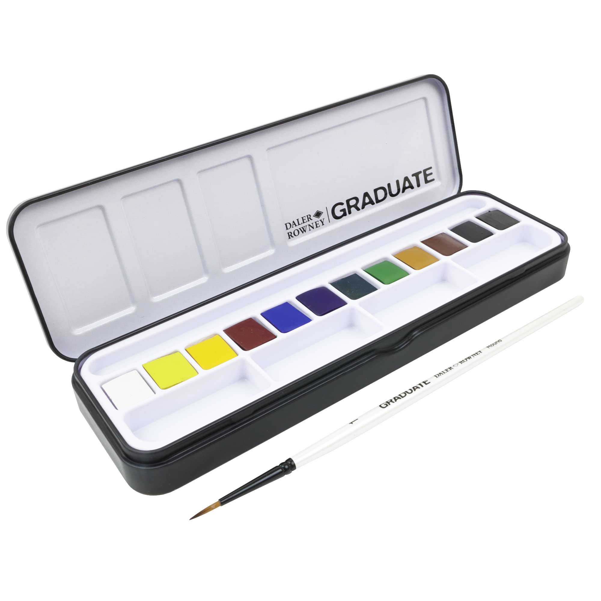 Daler-Rowney Graduate Acuarelas Profesionales, Set de Acuarelas 12 Colores con Pincel, Kit Acuarela Portátil en Caja Metálica, Estuche para Estudiantes, Artistas y Manualidades