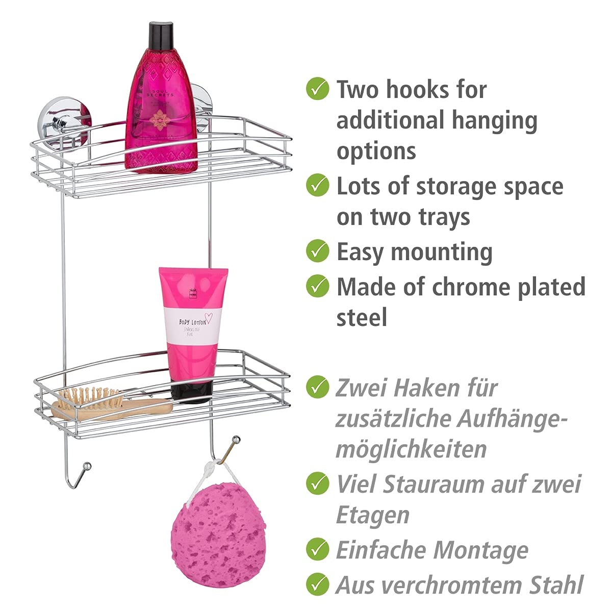 WENKO Wandregal Mod. Vacuum-Loc mit 2 Etagen und 2 Haken Duschablage ohne Bohren verchromtes Metall Drahtkorb-Design Maße 26 x 44 x 15,5 cm