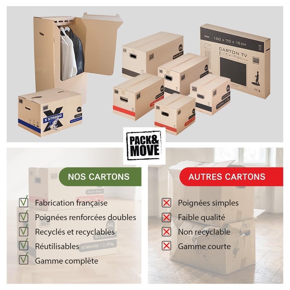Pack and Move - Zestaw 30 kartonów przeprowadzkowych premium - 60 x 30 x 30 - ekstremalna wytrzymałość 30 kg - wielokrotnego użytku - wzmocnione uchwyty - 2 naklejki w zestawie