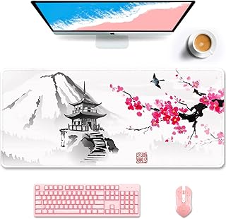 Auhoahsil Desk Pad, XXL Large Mouse Pad, Extended Gaming Mousepad, Cute Desk Mat for Women, Big Office Accessories Mouse Pad for Computer Keyboard and Laptop, 35.5" x 15.7", Japan Mount Fuji Sakura