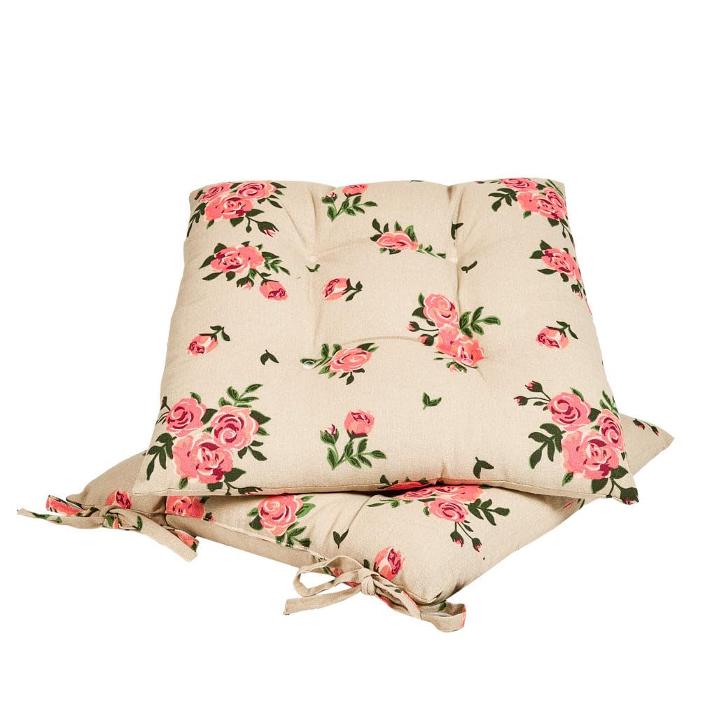 Dining Chair Seat Pad Set of 2 Tie On Floral Print Chair Cushions (Beige)