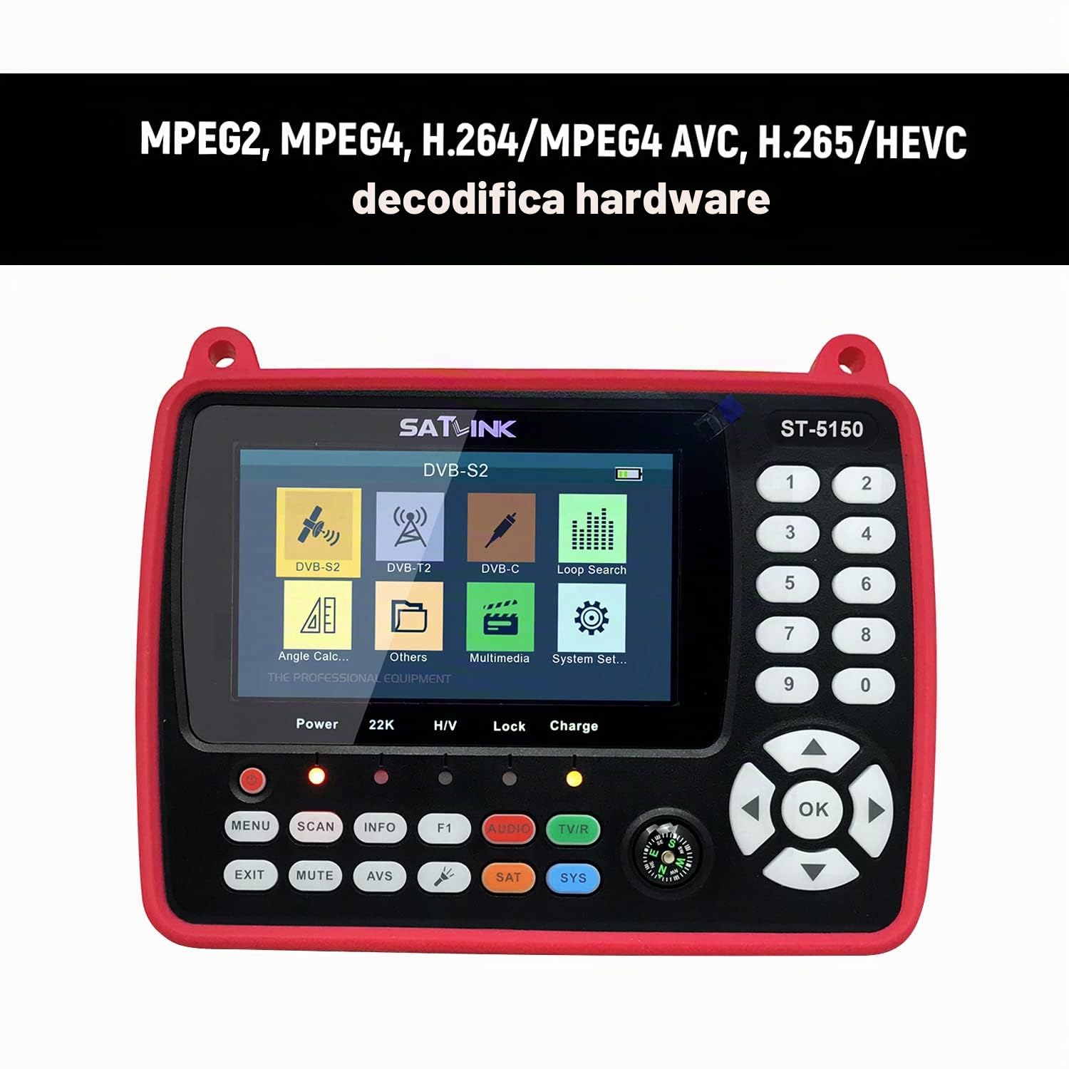 Digitale Satellitare Finder,ST-5150 DVB-S2 / T2 / C COMBO HD Satellite TV Signal Finder Digital Handheld Signal Meter Satellite Finder H.265 HEVC MPEG-4 4,3 pollici TFT LCD EU Plug