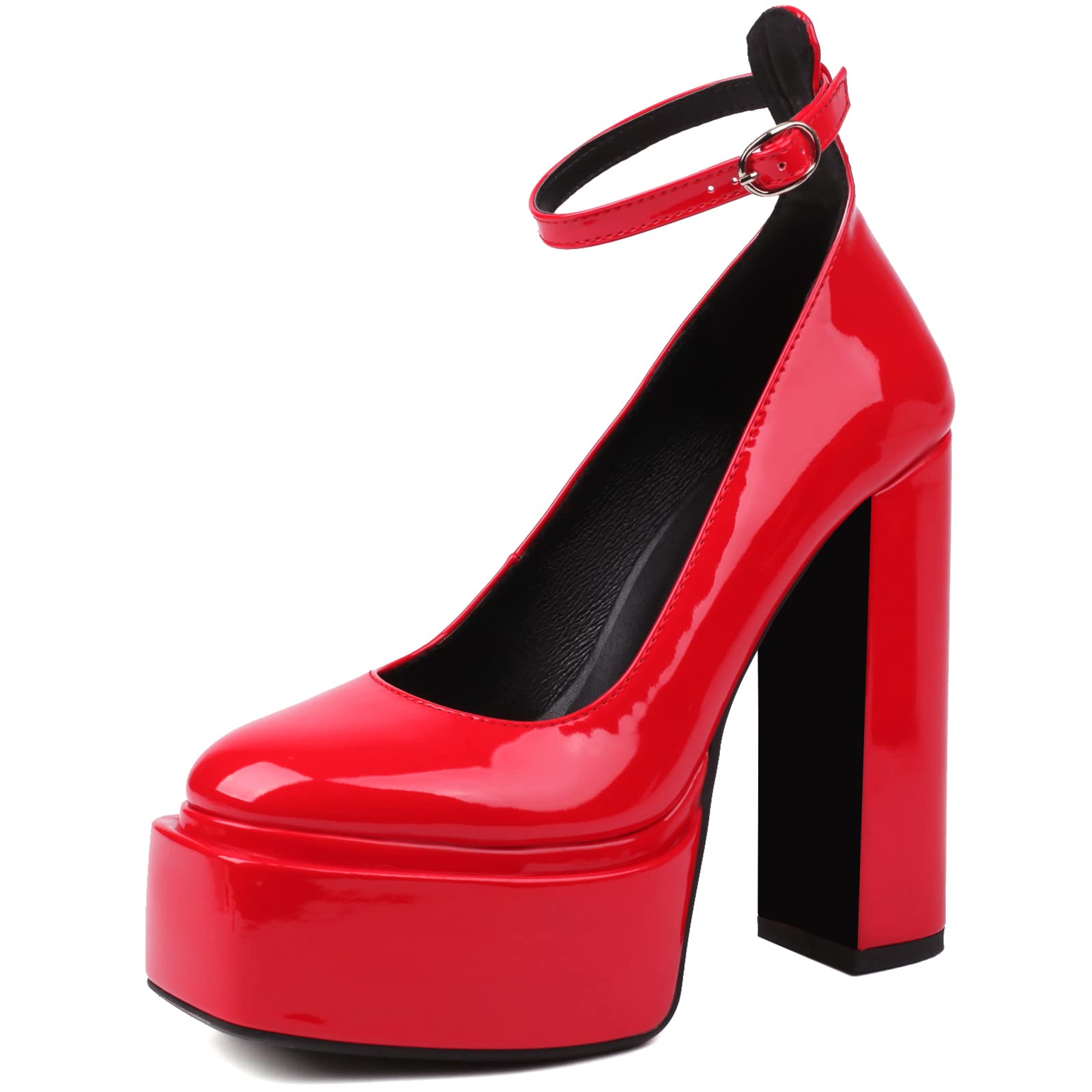 Women's Platform Chunky Heels Closed Toe Patent Leather Block Heels Squate Toe Ankle Strap Pump Shoes