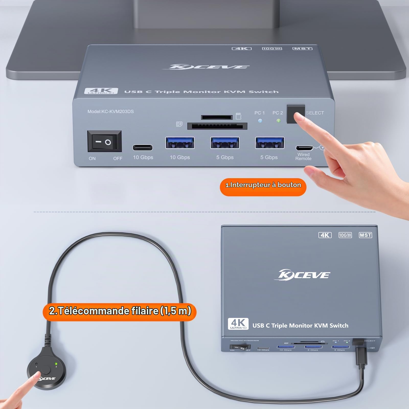 Thunderbolt 4 KVM Switch 3 Moniteurs 2 Laptops 4K@60Hz,USB C KVM Switch Displaylink Docking Station pour Windows Mac M1-M5, Affichages Triples étendus, PD 100W, USB 3.0, USB 3.2, SD/TF, Ethernet 1G
