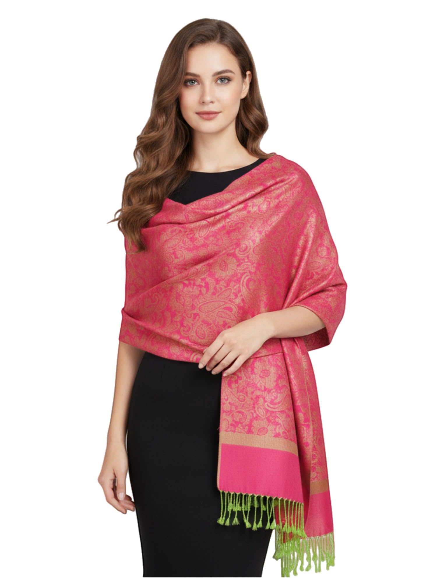 Paskmlna Women's Hotpink Green Paisley Jacquard Pashmina Shawl Wrap Scarf Stole, Large