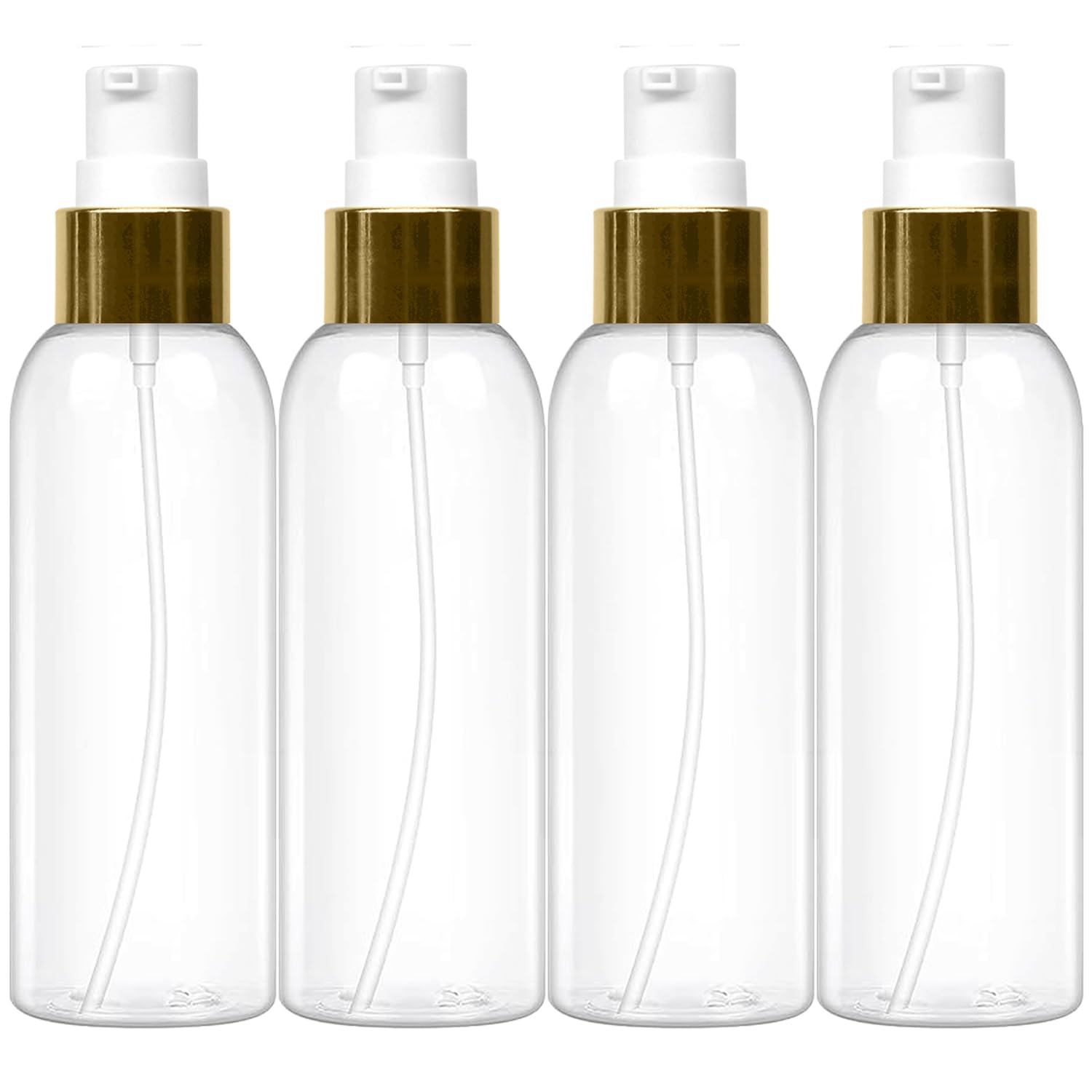 erza 100ml lotion bottles with golden pumps, leak proof, empty clear refillable cylinder for shampoo, moisturizer, face cream, liquid soap, empty travel transparent bottles, golden pump, pack of 4