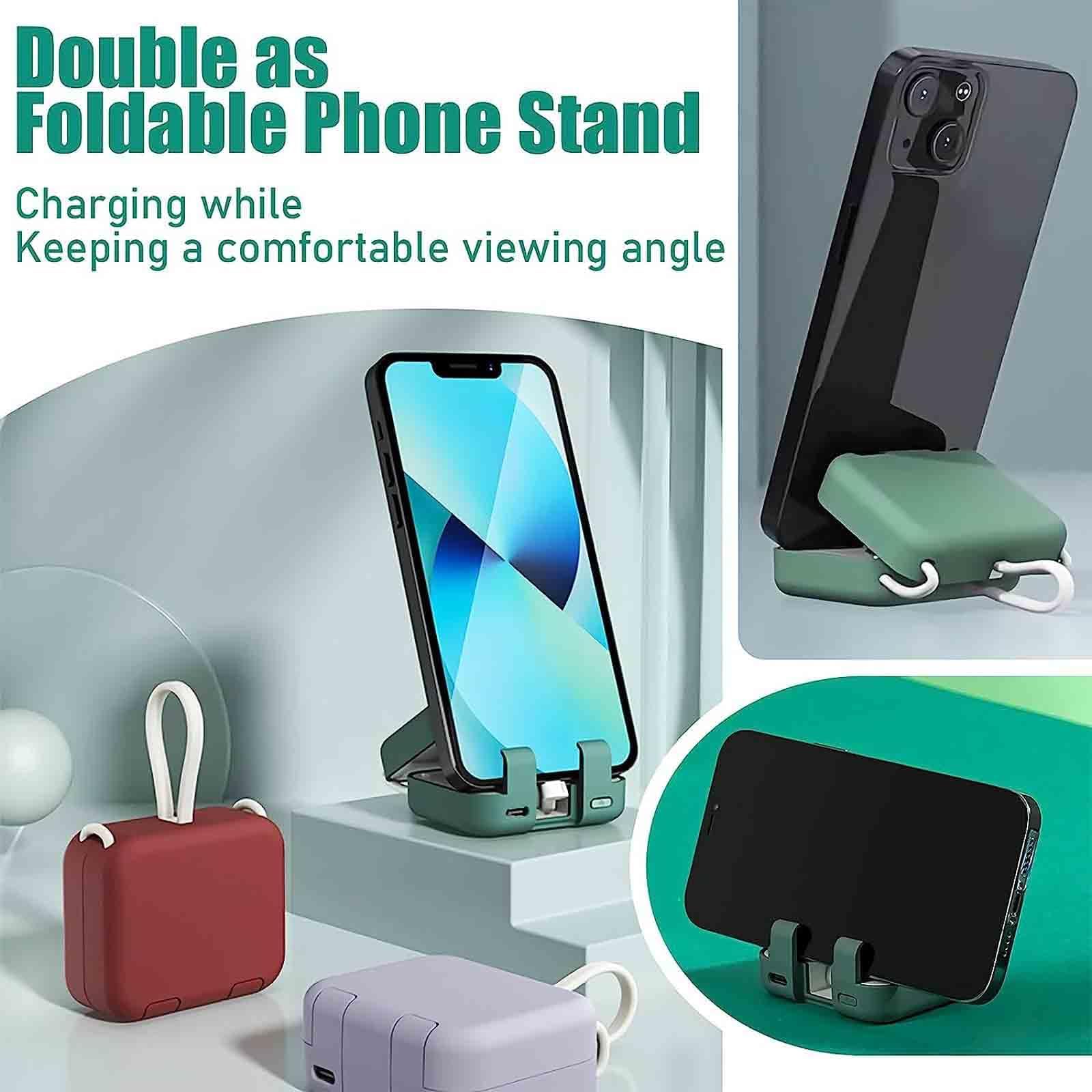 Mini Banco De Energía Y Soporte para Teléfono, Mini Banco De Energía De 4000 Mah con Cable Doble Integrado, Bonito Banco De Energía con Cable Integrado,Verde