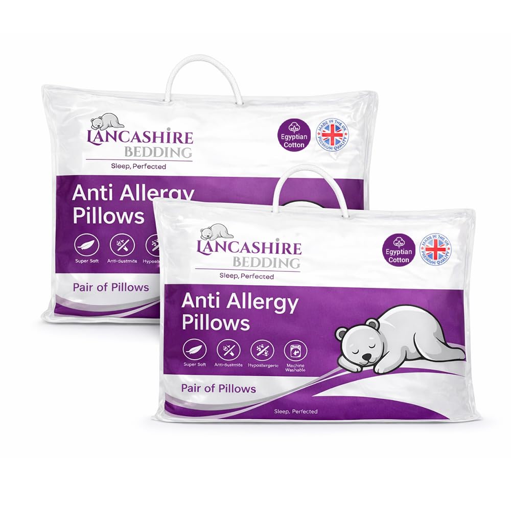 Lancashire Bedding Anti Allergy Pillows, Egyptian Cotton, Pair of Pillows, Hypoallergenic, Machine Washable, Made in the UK