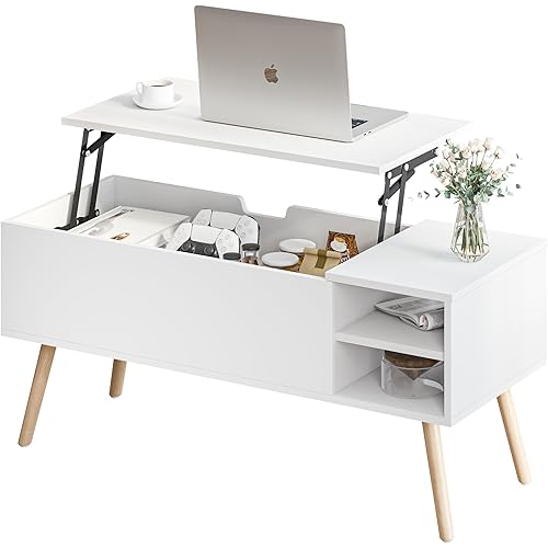 Clikuutory Modern White Lift Top Coffee Table with Hidden Compartment and Adjustable Storage Shelf, Mid Century Rustic Dining Table with Wood Legs for Home, Living Room, Office