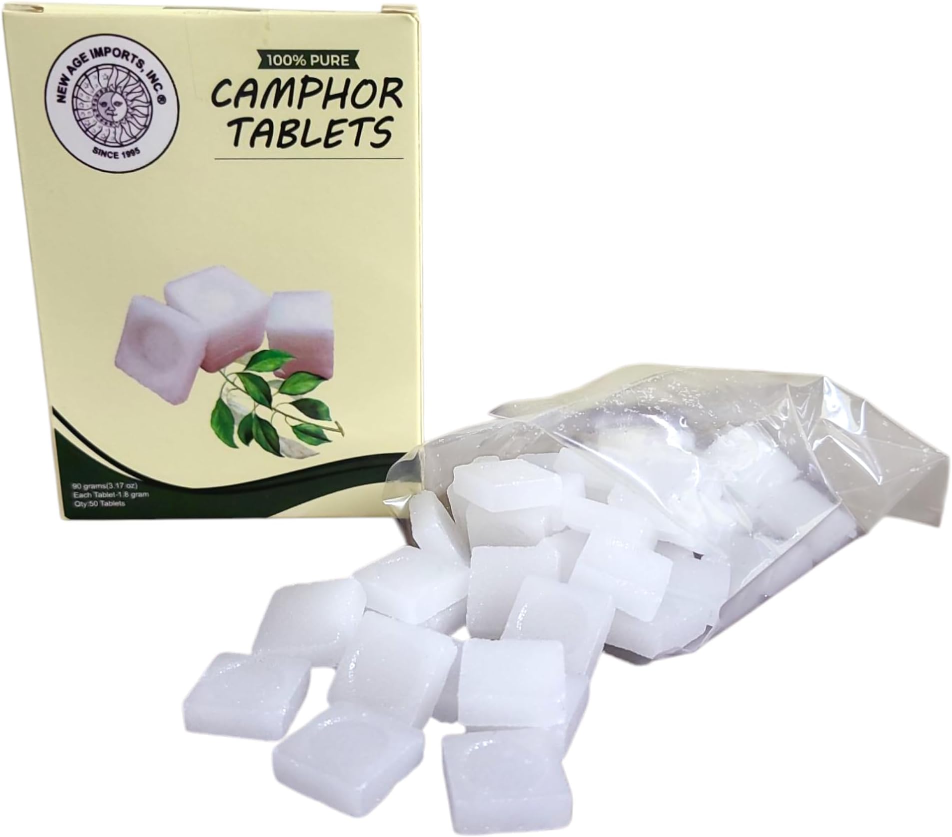 Camphor Tablets 50 Grams Pack Inscent | Premium Quality Refined Camphor Blocks 100% Natural for Incense, Insenses Aromatherapy, Odor Eliminator, Puja, Alcanfor by New Age Imports, Inc.® (50 Grams)