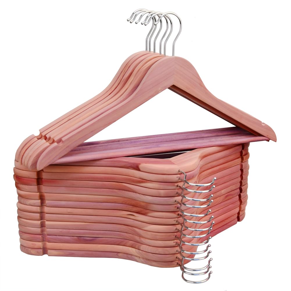 Lot de 20 cintres en bois de cèdre aromatique naturel avec rainures d'épaule, crochet flexible à 360 degrés, cintres en bois massif, cintres pour chemises, finition bois de cèdre naturel