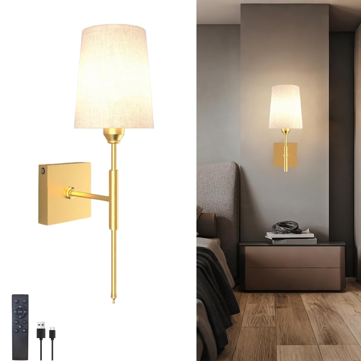KZT Akku Wandleuchte Innen 5000mAh Wiederaufladbare Akku Wandlampe mit Fernbedienung und Touch Kabellose Wandlampen Gold Vintage Wandbeleuchtung mit Stoffschirm, für Schlafzimmer (1 Stück,Gold)